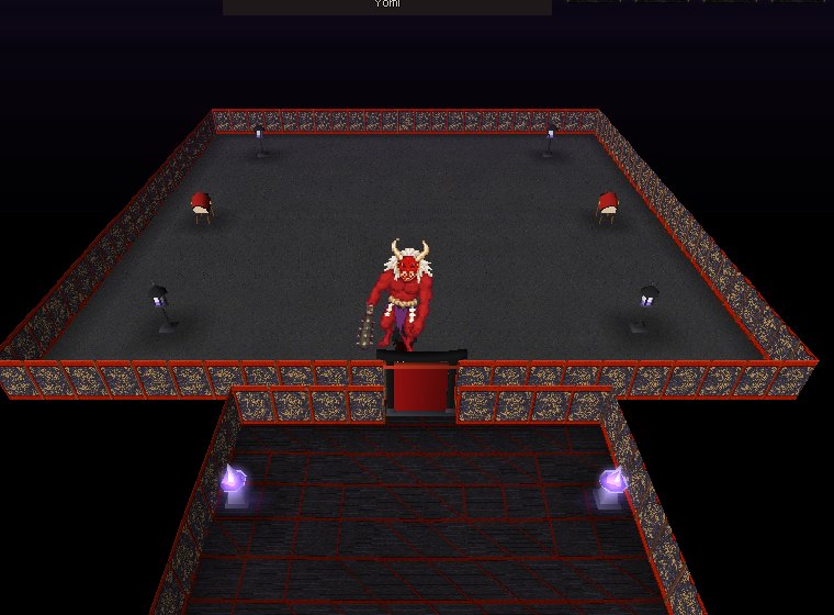 Akaoni in its crimson mask at the paper seal of its ash-floored lair, with spirit lanterns and taiko drums