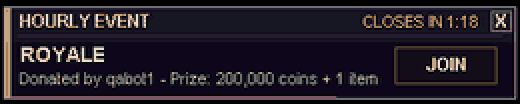 An hourly event banner for Royale reading Prize: 200,000 coins + 1 item