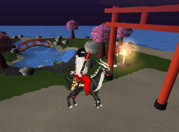 A rider on the Eclipse Drake, a dragon mount drained of colour, holding the Dragon lance beside Shinigami's koi pond
