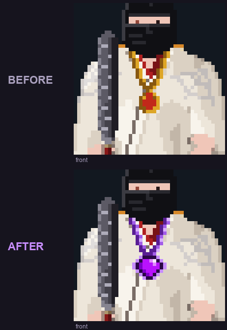 Close-ups of the worn amulet before, a red and gold pendant, and after, a purple dragonstone on a violet chain