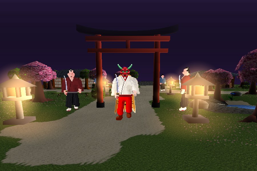 An adventurer in a crimson Hannya mask stands beneath a red torii between glowing stone lanterns on Shinigami