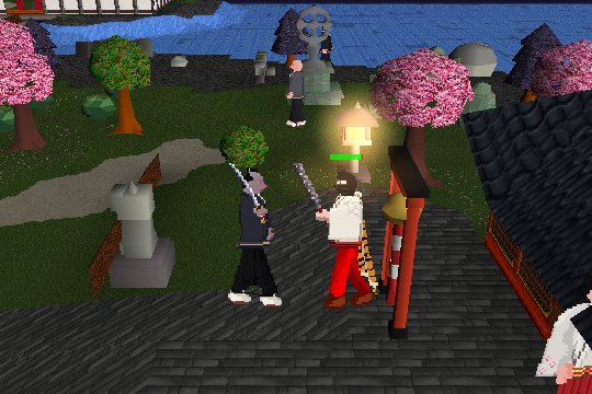 A masterless samurai fights an adventurer on the shrine forecourt