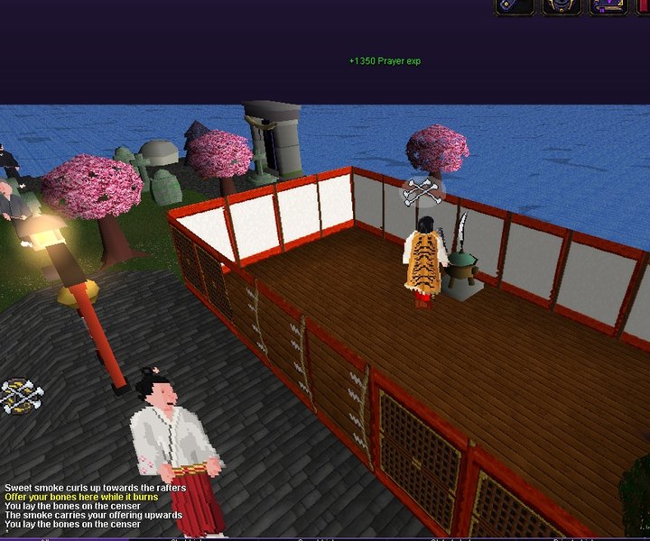 An adventurer offering bones at the censer inside the shrine hall