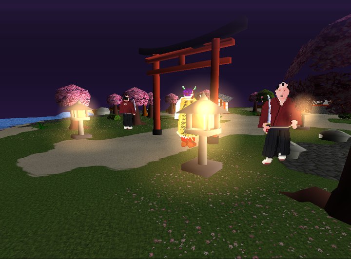 Stone lanterns and cherry trees beside the red torii