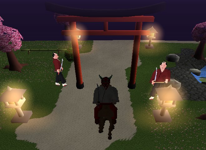 A rider in a Hannya mask rides a horse towards the camera through the torii on Shinigami, legs either side and the horse's head at their lap