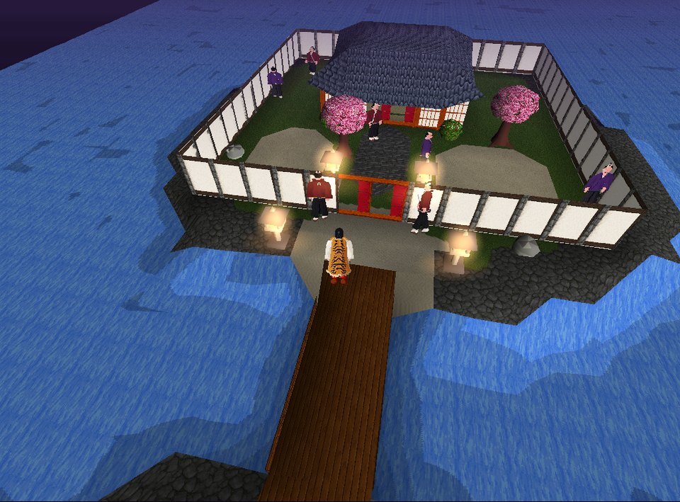 The walled noble estate on its islet, reached by a plank bridge, with samurai at the gate