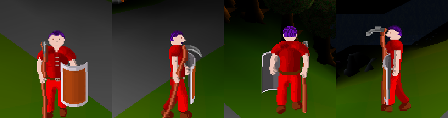 A player wielding the Scythe together with a kite shield, seen from four sides