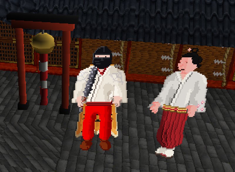 An adventurer wearing the Shinobi mask, silk kimono and tiger pelt with Akaoni's kanabo, beside Sayuri at the shrine bell