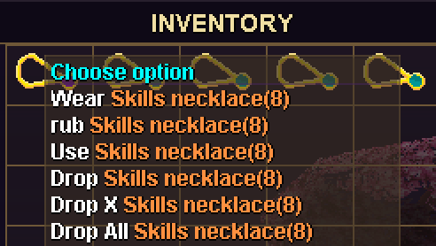 The right-click menu of a Skills necklace(8) in the inventory, with its Rub option