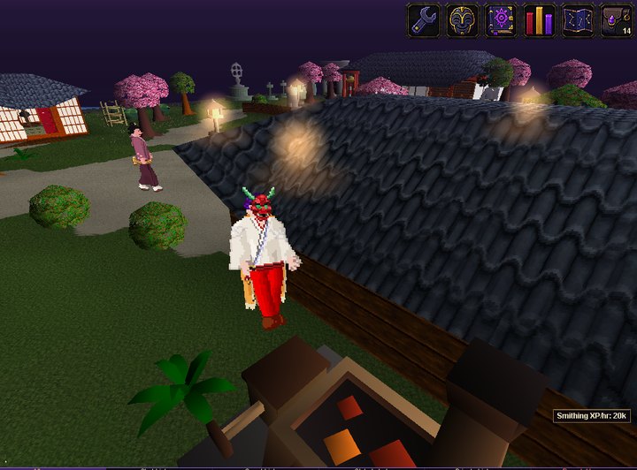 An adventurer beside the glowing tatara furnace outside Haruto's smithy