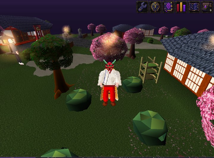 An adventurer picking leaves from the tea bushes beside the tea house