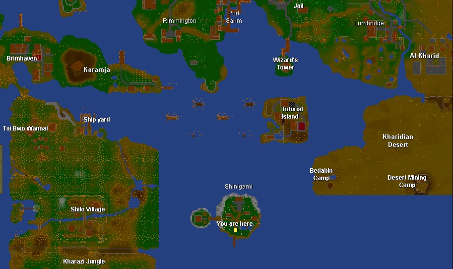 The world map showing Shinigami island south of Port Sarim, with the Noble quarter's islet to its west