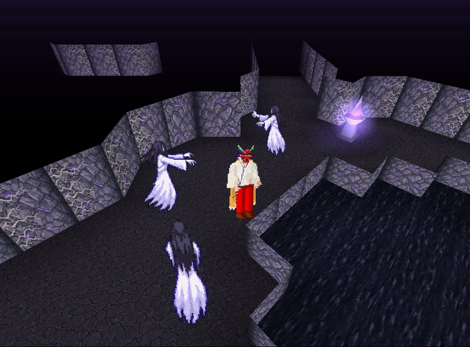 Violet-lit caverns and a spirit brazier in Yomi's upper depth