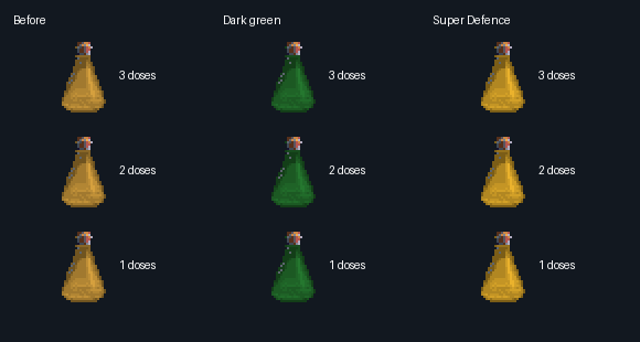 Three, two and one-dose Super Combat potions: old gold, new dark green, and gold Super Defence for comparison