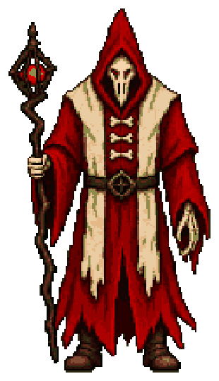 The Blood Abbot in red robes with his staff