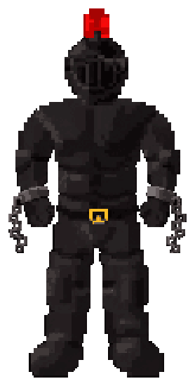 Vharok in black armour, carrying chains
