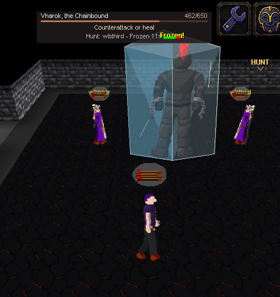 Freeze holds Vharok inside a visible shell of ice while attacks continue.