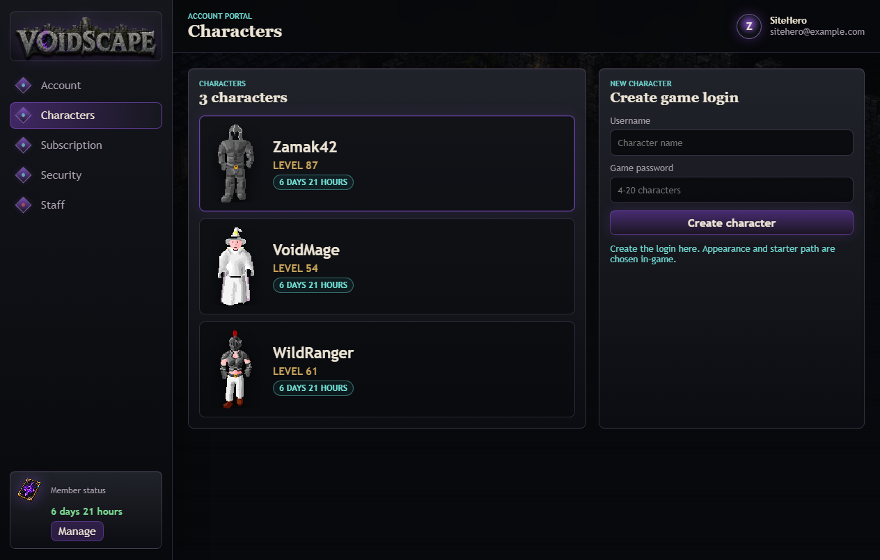 Voidscape character roster in the account portal.