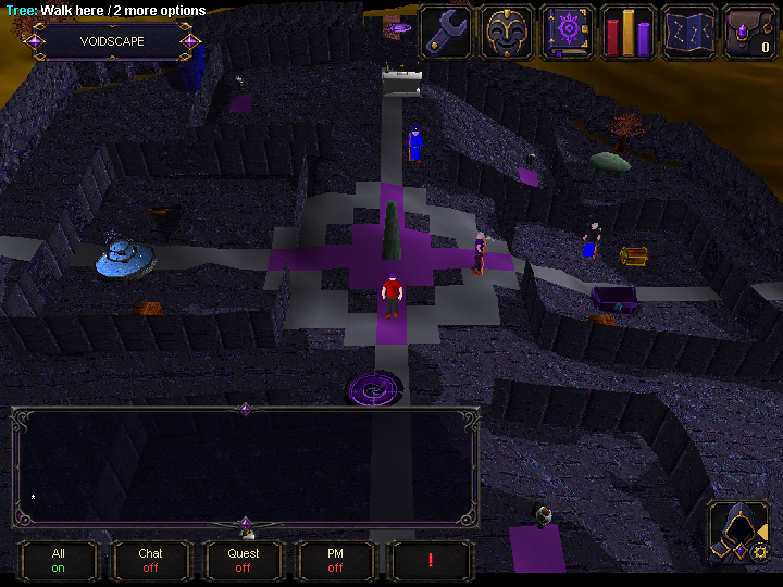 Voidscape client HUD with custom icons, location plaque, and chat controls.