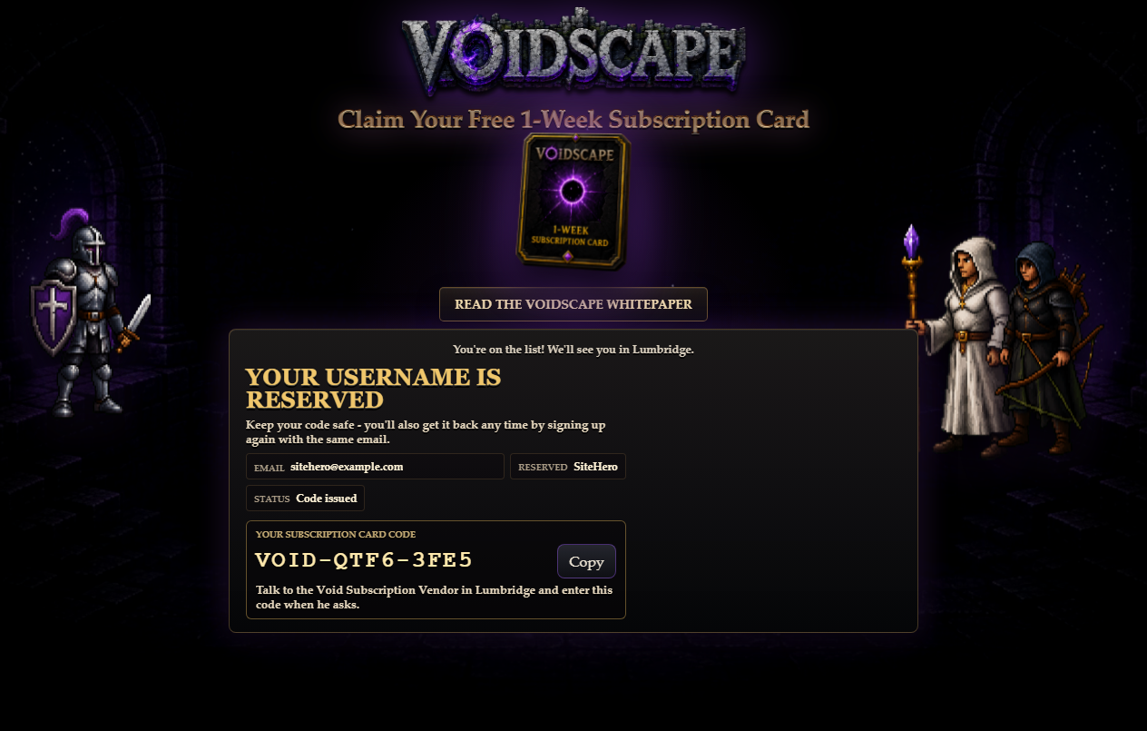 Voidscape portal signup code flow.