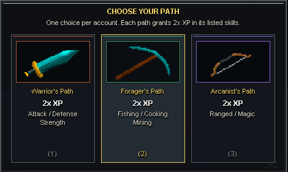 Void Island starter path choices: Warrior, Forager, and Arcanist.