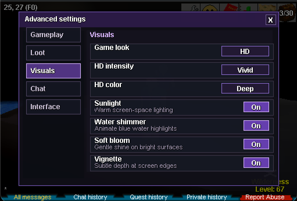 Visual settings interface in Voidscape.